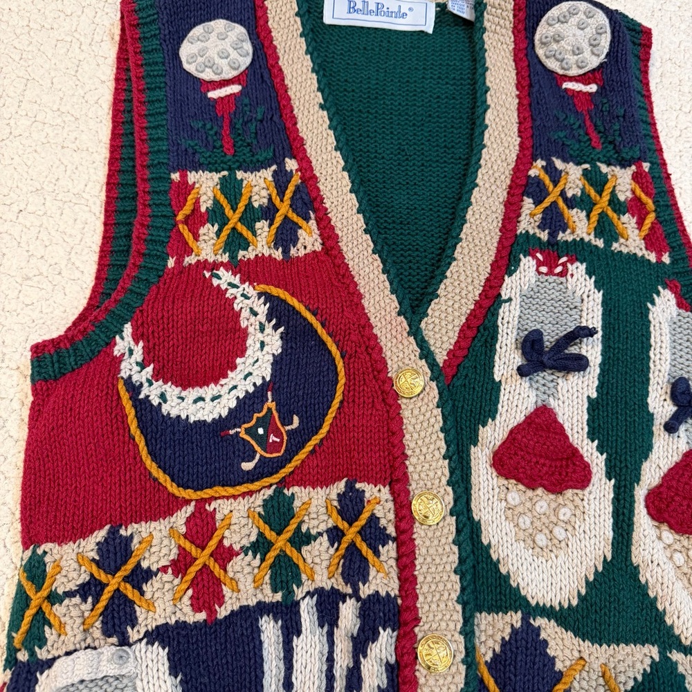 Vintage BellePointe Golf-Themed Knit Sweater Vest – Size‎ M - Picture 3 of 12
